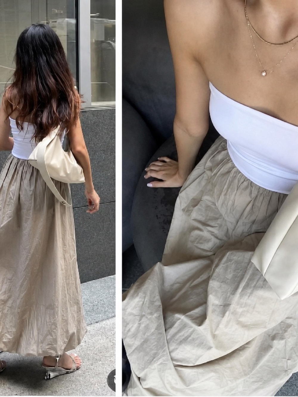 Zara Combination Balloon Dress M White Khaki Strapless 4174/345